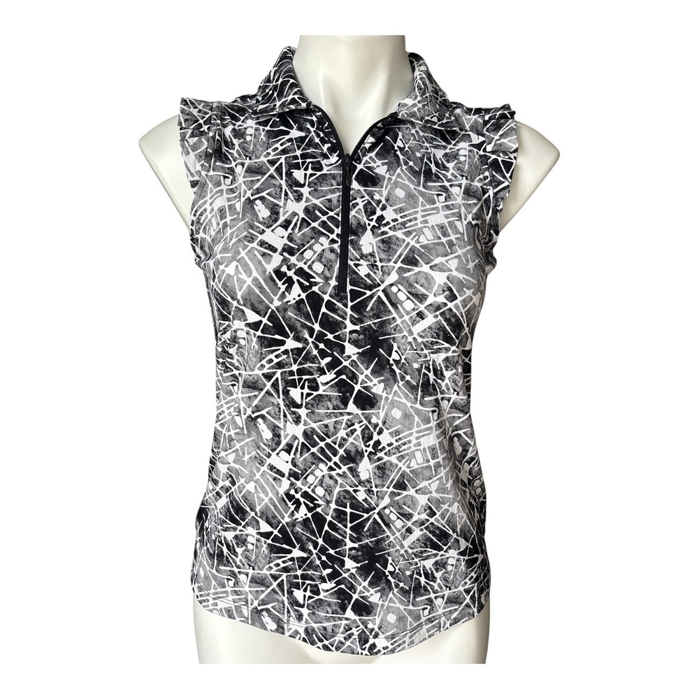 IBKUL Evie Black White Ruffle Shoulder Sleeveless Golf Polo Tank Top Women's XS